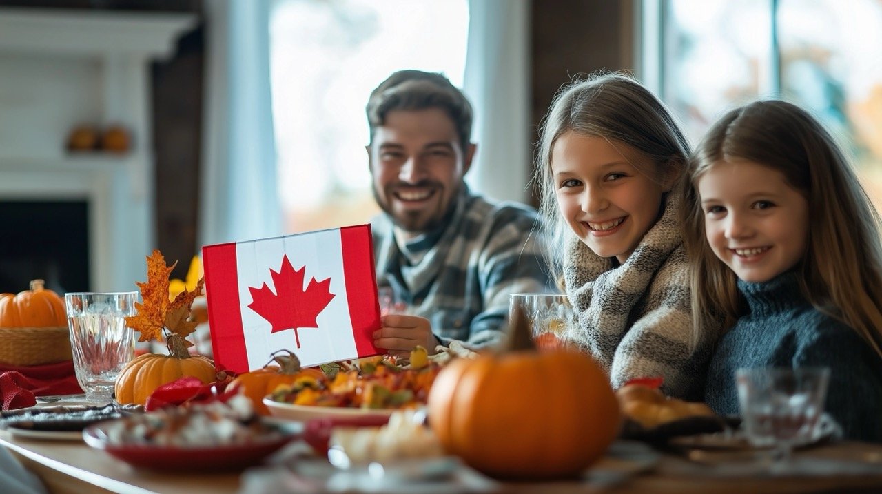 Family Celebrating Canadian Thanksgiving with Festive Table Decor and Canadian Flag Centerpiece