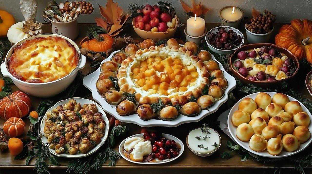 Festive Thanksgiving Spread Table Full of Delicious Dishes for a Holiday Feast