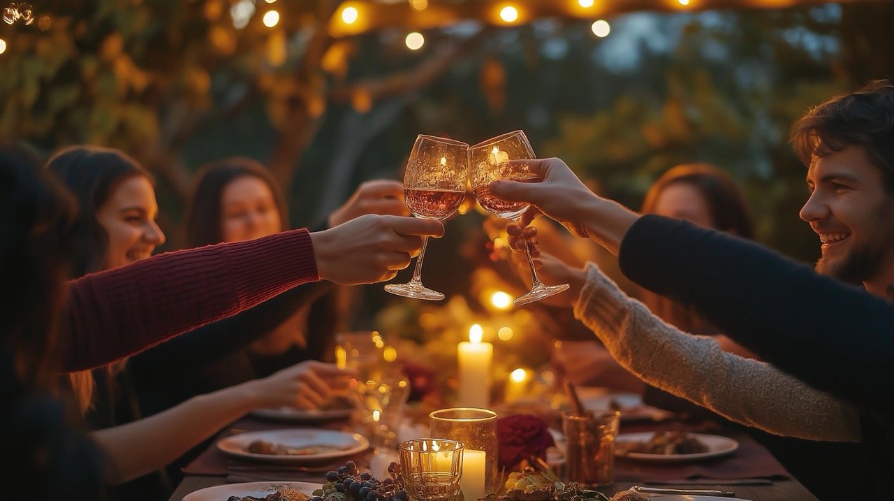 Friends Celebrating at Fall Garden Party with Toasts, Dinner, and Festive Table Decor Outdoors