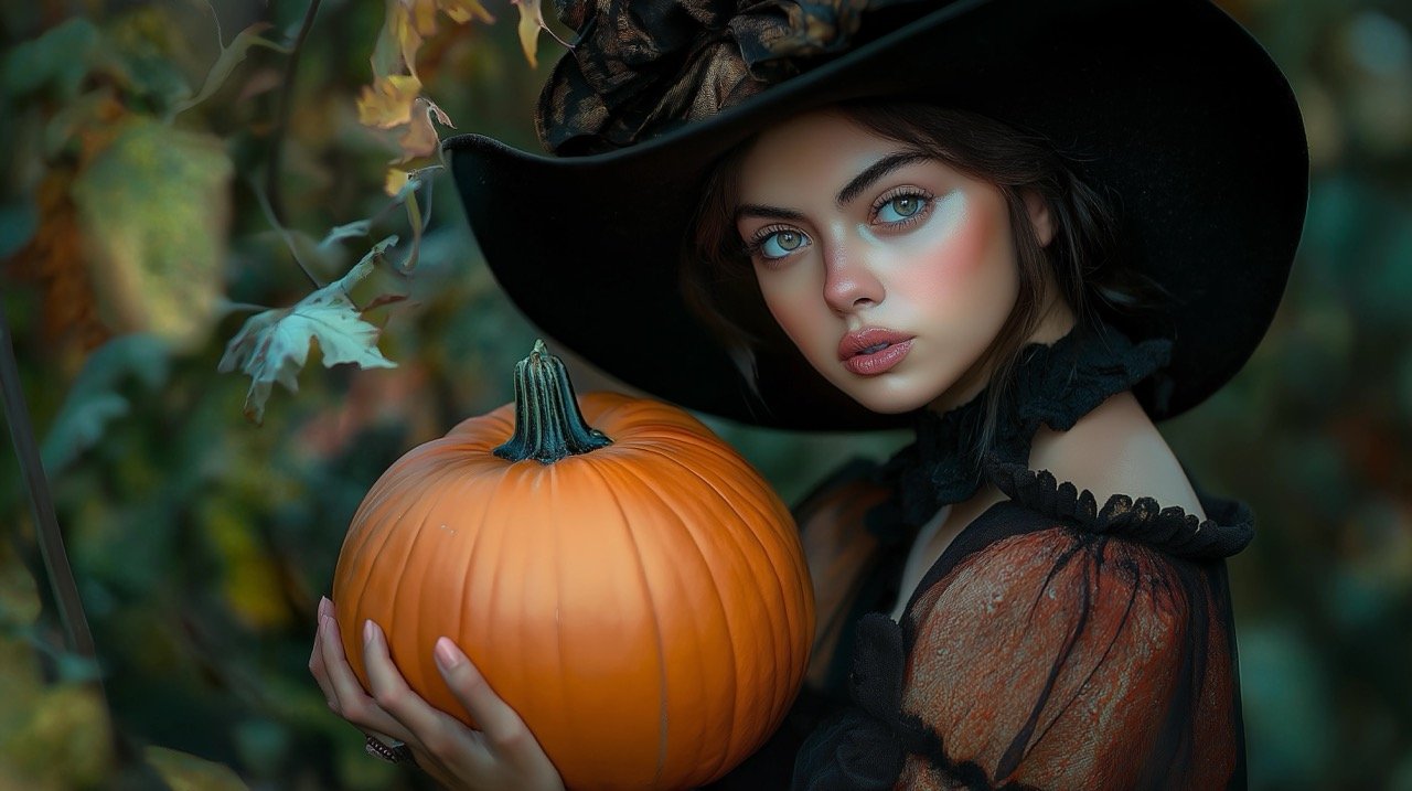 Spooky Fairytale Costume Woman in Black Hat with Pumpkin – Halloween and Fall Images Collection