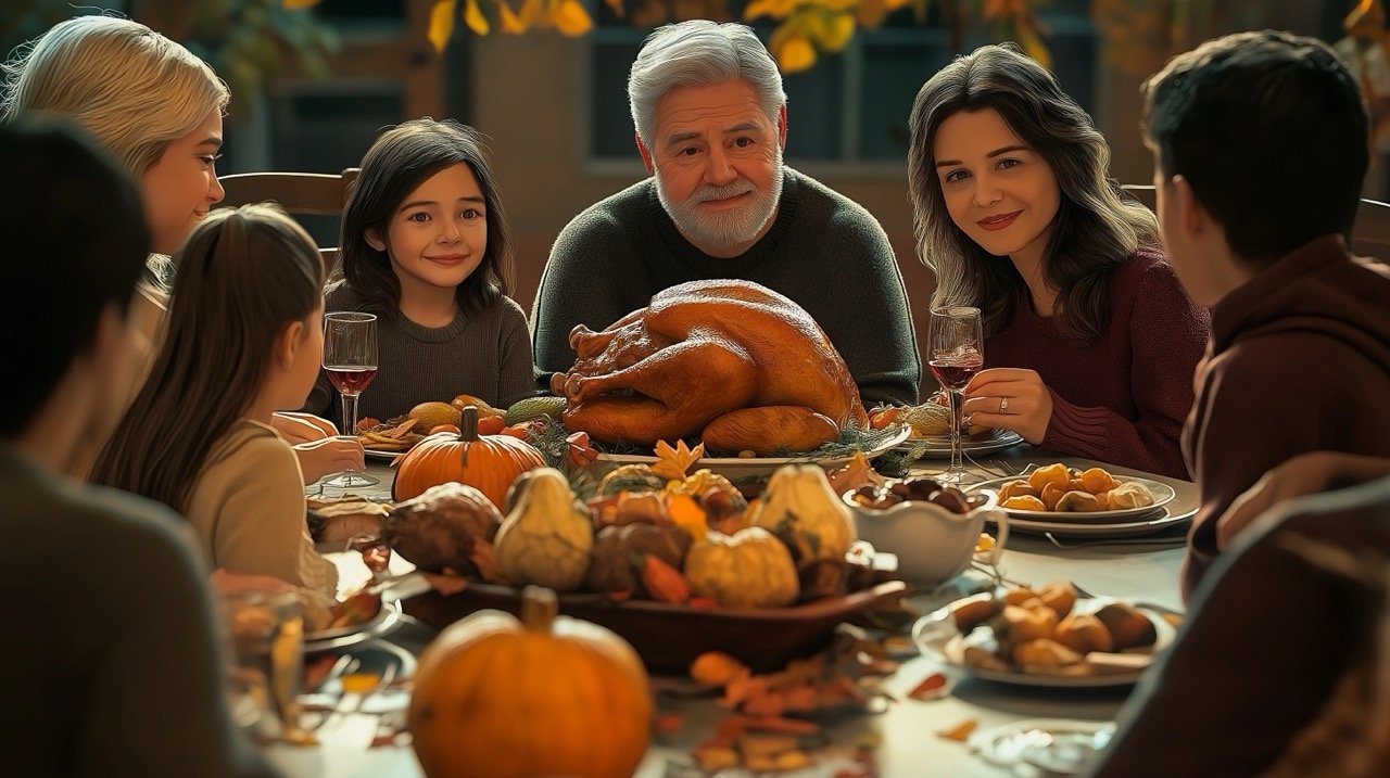 Thanksgiving Family Gathering Multi-Generational Dinner with Turkey and Traditional Side Dishes Around a Festive Table