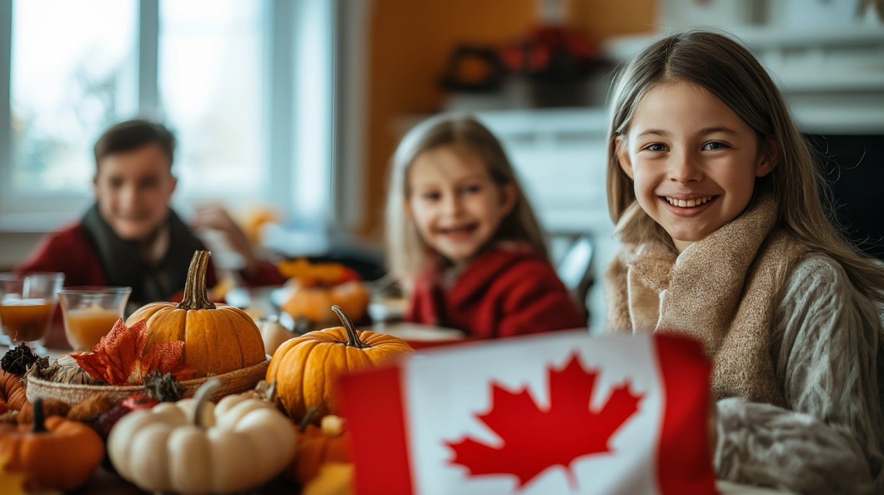 Thanksgiving Family Gathering in Canada with Festive Table Decor and Canadian Flag Displayed