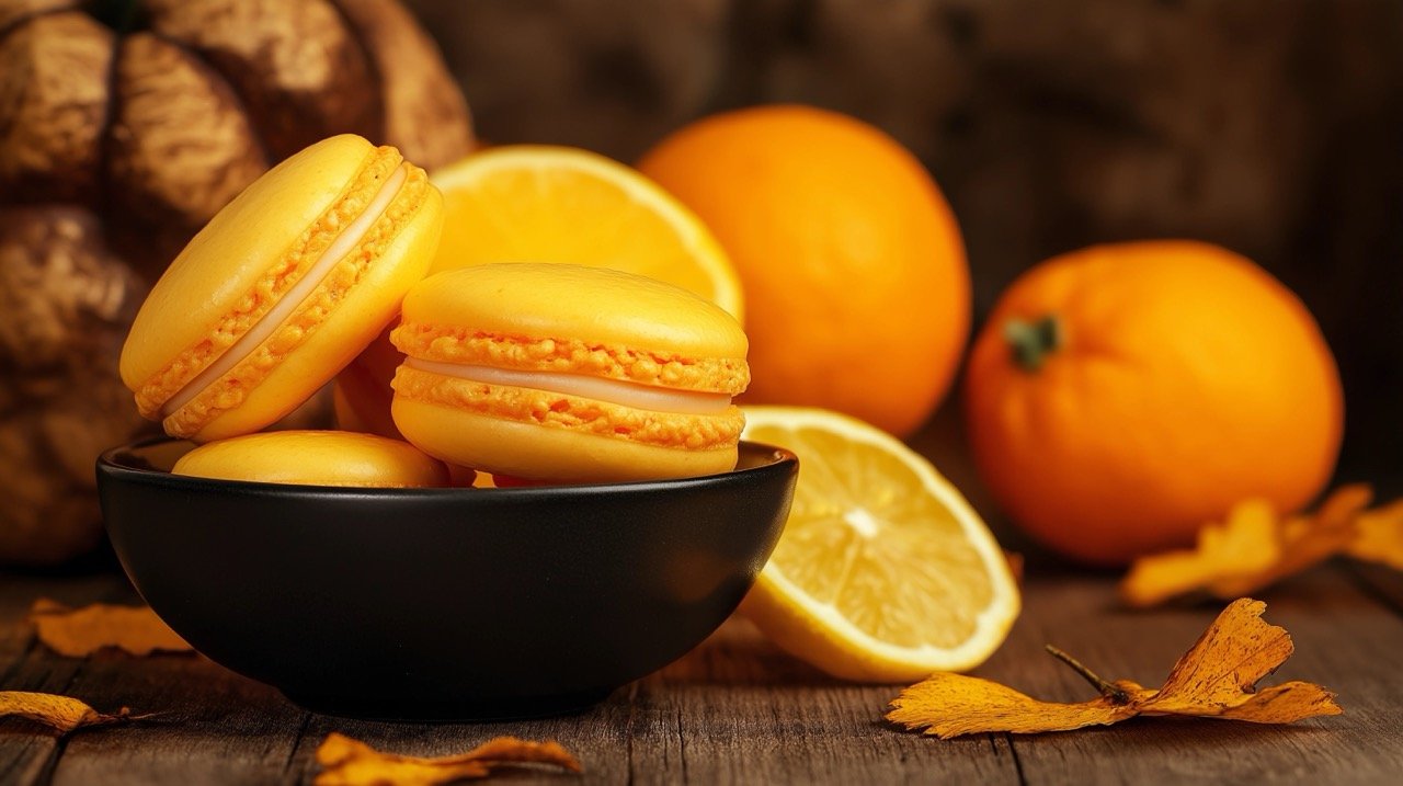 Vibrant French Macaroons with Lemon Slices – Stunning HD Food Images and Black Wallpaper Backgrounds