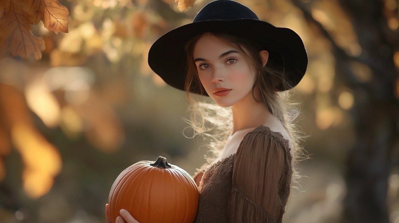 Woman in a Black Hat and Brown Dress Holding a Pumpkin – Enchanting Halloween Images