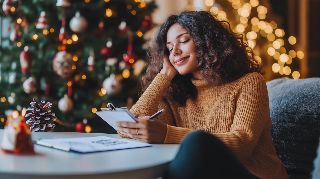 A Happy Woman Relaxing Near Christmas Tree New Year Resolutions and Handwritten Notes Stock Photos