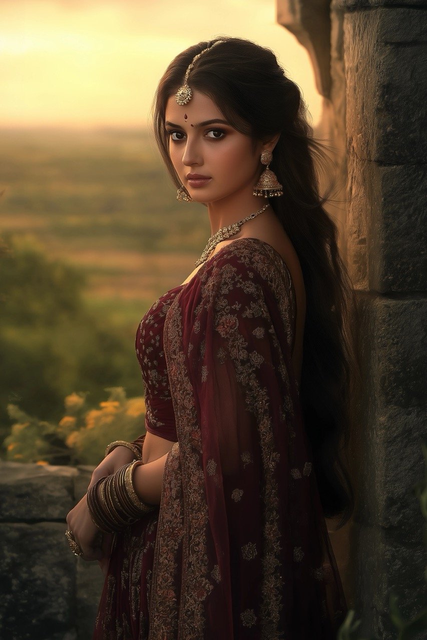 A breathtaking portrait of Heer in a field of red roses at dusk, evoking romance and tranquility