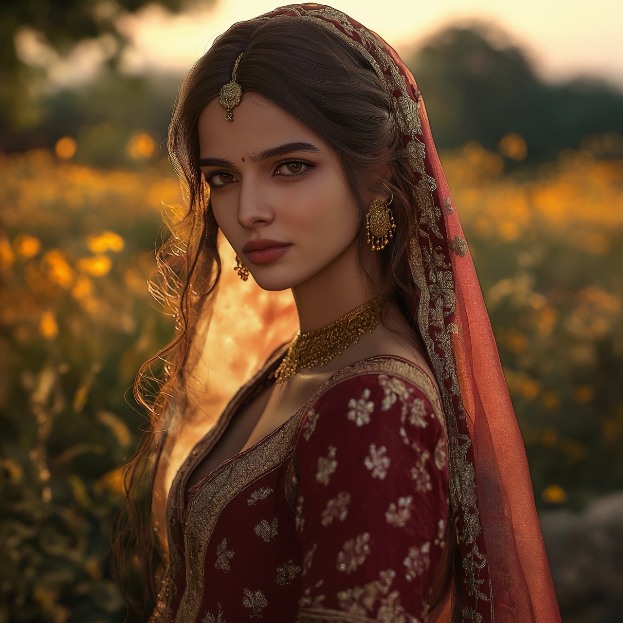 A peaceful moment as Heer walks through a mustard flower field at dusk, surrounded by nature’s beauty.