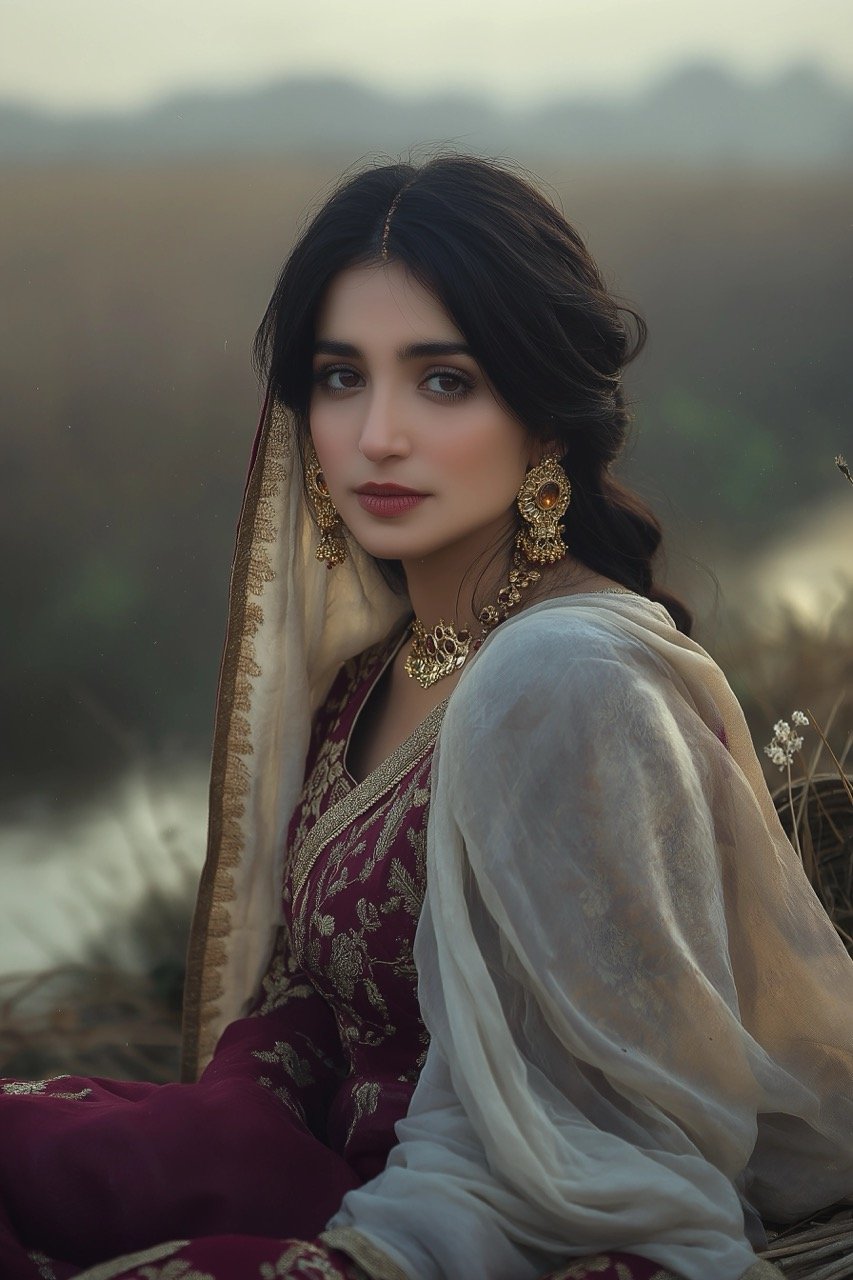 A serene image of Heer in a field of blooming red roses at twilight, embodying elegance.