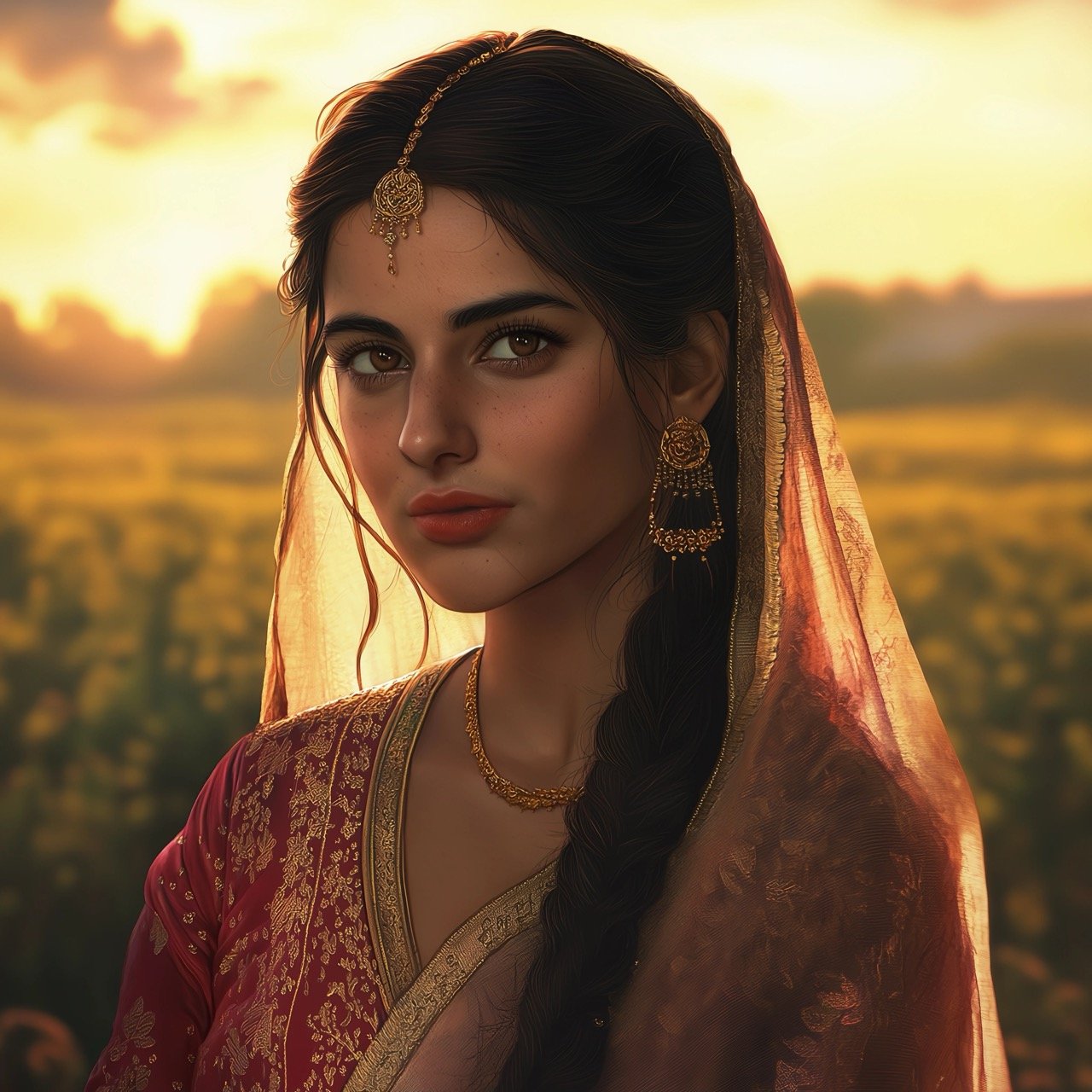 A tranquil dusk scene with Heer standing amidst mustard flowers in a field, enjoying the peaceful moment