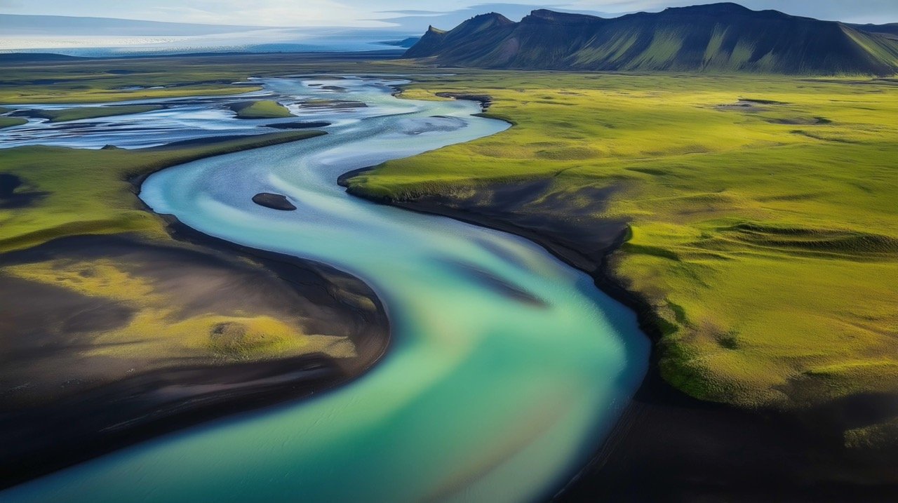 Aerial View of Beautiful Emerald Glacial Rivers in Iceland, Stunning Nature and Landscape Photography