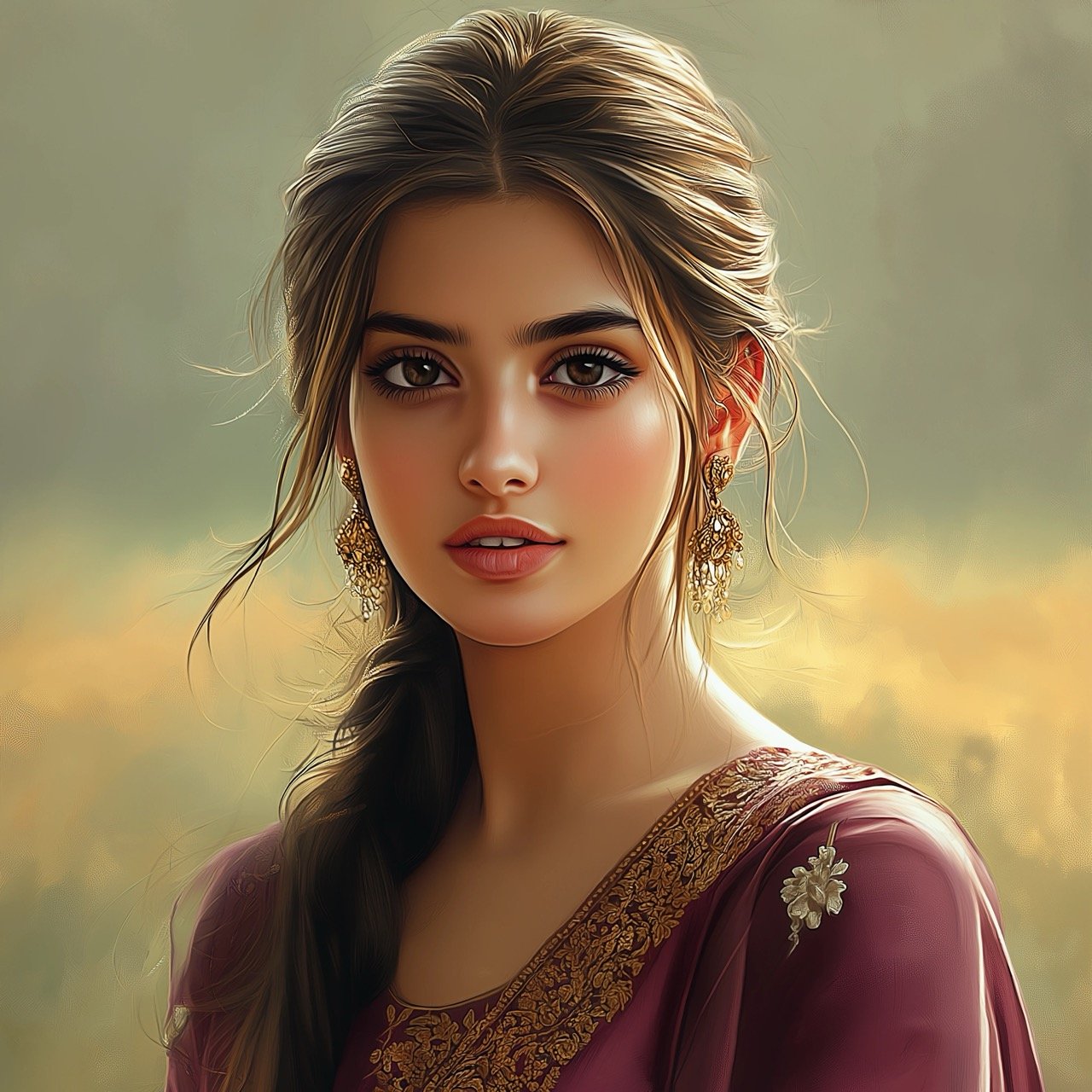 An exquisite digital painting of Heer, showcasing her elegance against a rural village backdrop