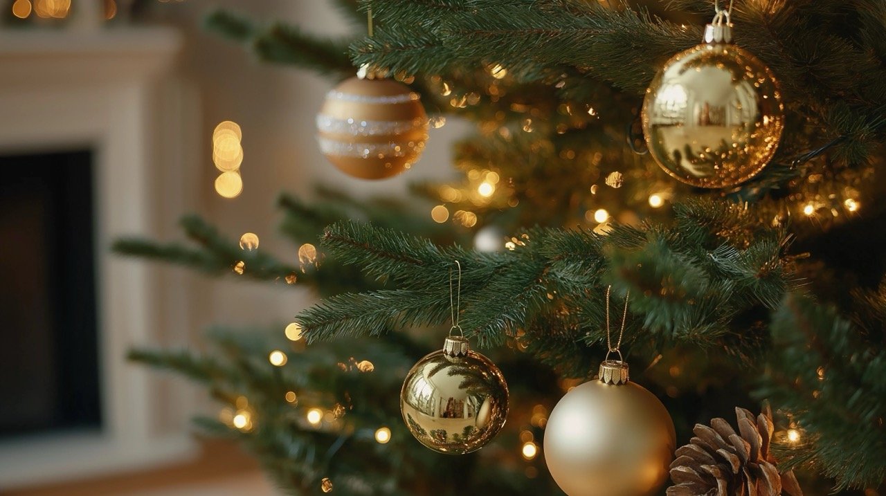 Assorted gold Christmas tree ornaments with sparkling fairy lights, close-up shot in cozy living room