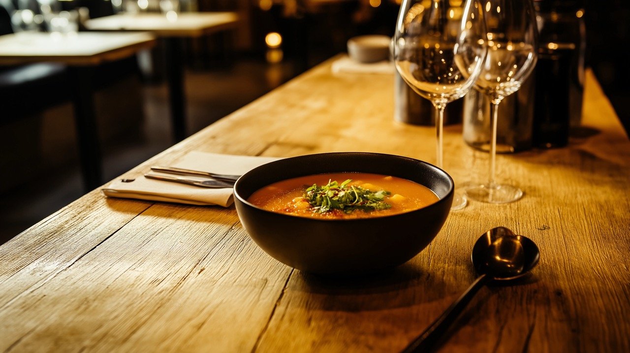 Autumn Cooking Aesthetic Bowl of Soup on Wooden Table HD Photo for Fall Food Inspiration