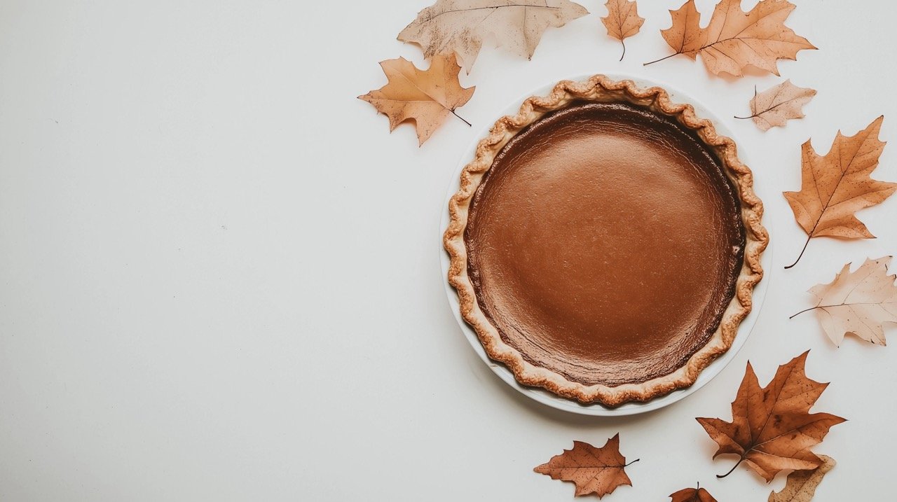 Autumn Pumpkin Pie Displayed on White Table Next to Fall Leaves for Seasonal Decor