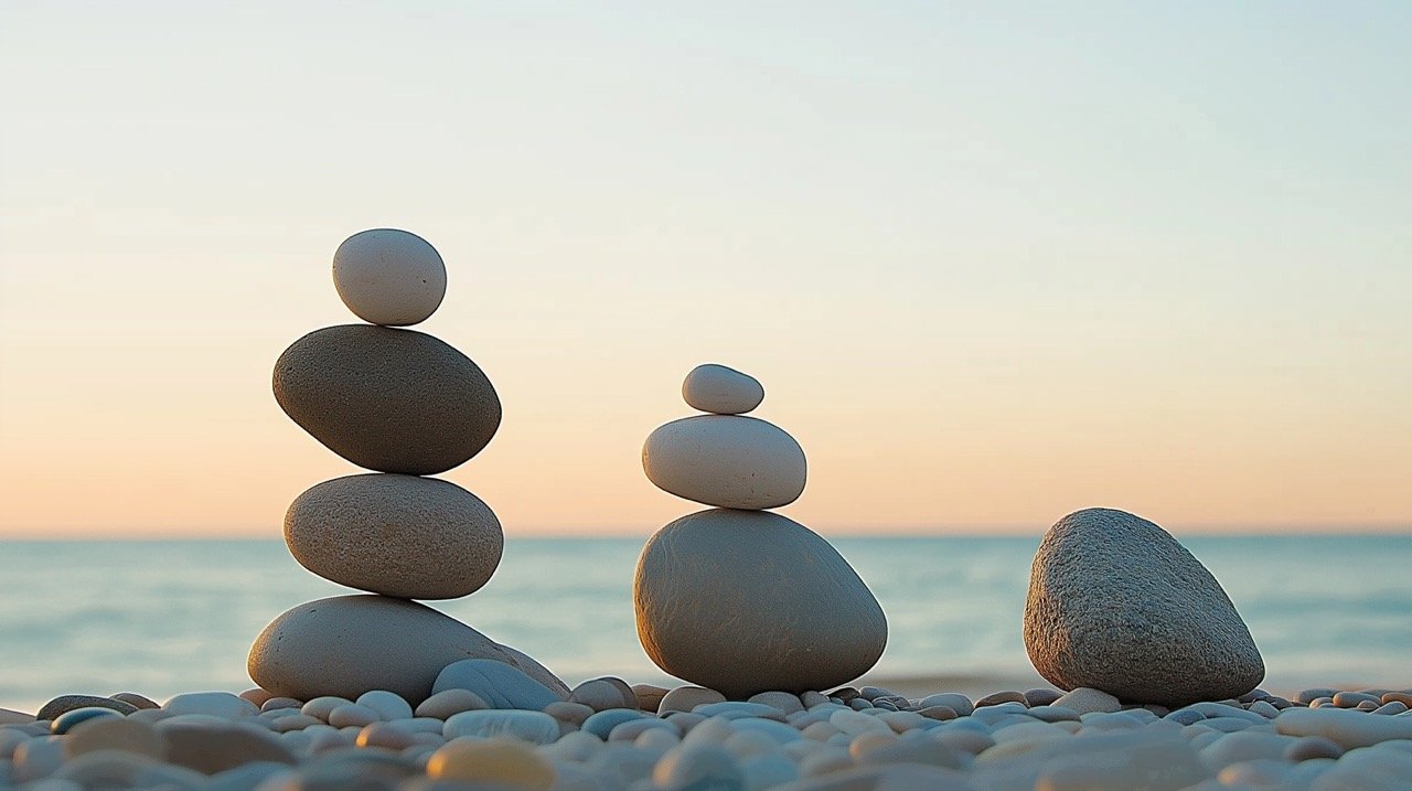 Balanced Stones on Pebble Beach at Sunset, Zen Rock Formation, Tranquil Nature Stock Image