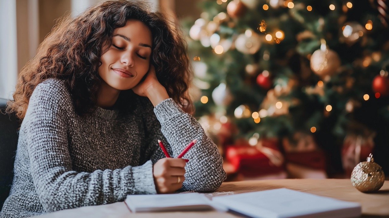 Beautiful Woman Writing New Year Resolutions by Christmas Tree Relaxing Moments Stock Photography