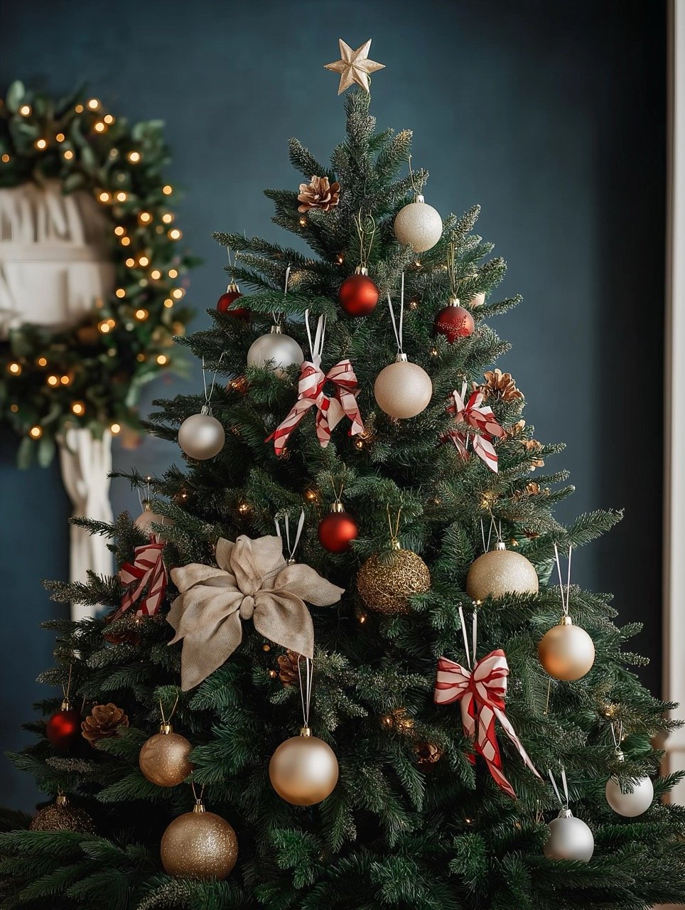 Beautifully adorned Christmas tree with various decorations and festive garlands, perfect for a New Year celebration backdrop.