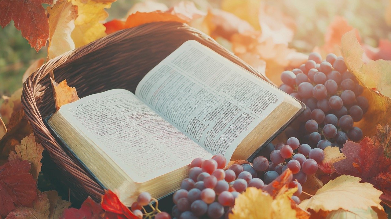 Bible with Autumn Leaves, Basket of Grapes, and Grapes Picture Book Rustic Fall Composition