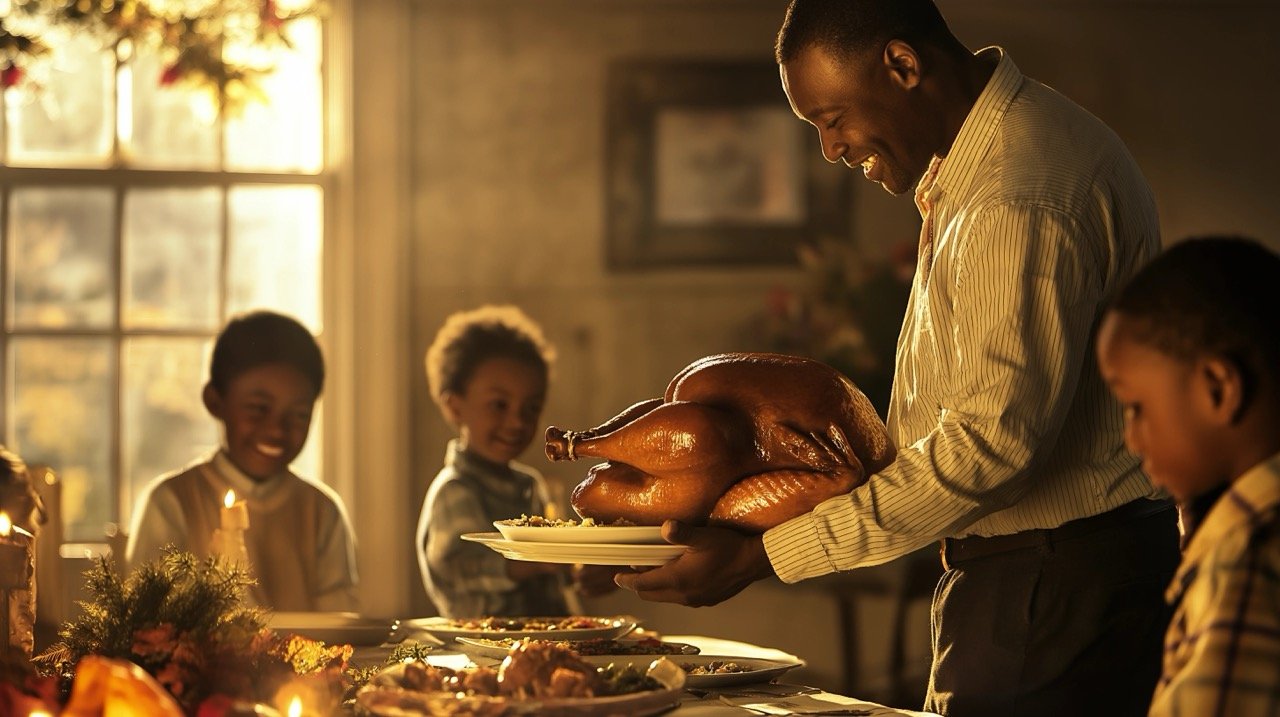 Black Father Carrying Thanksgiving Turkey to Serve Family in Dining Room During Festive Meal