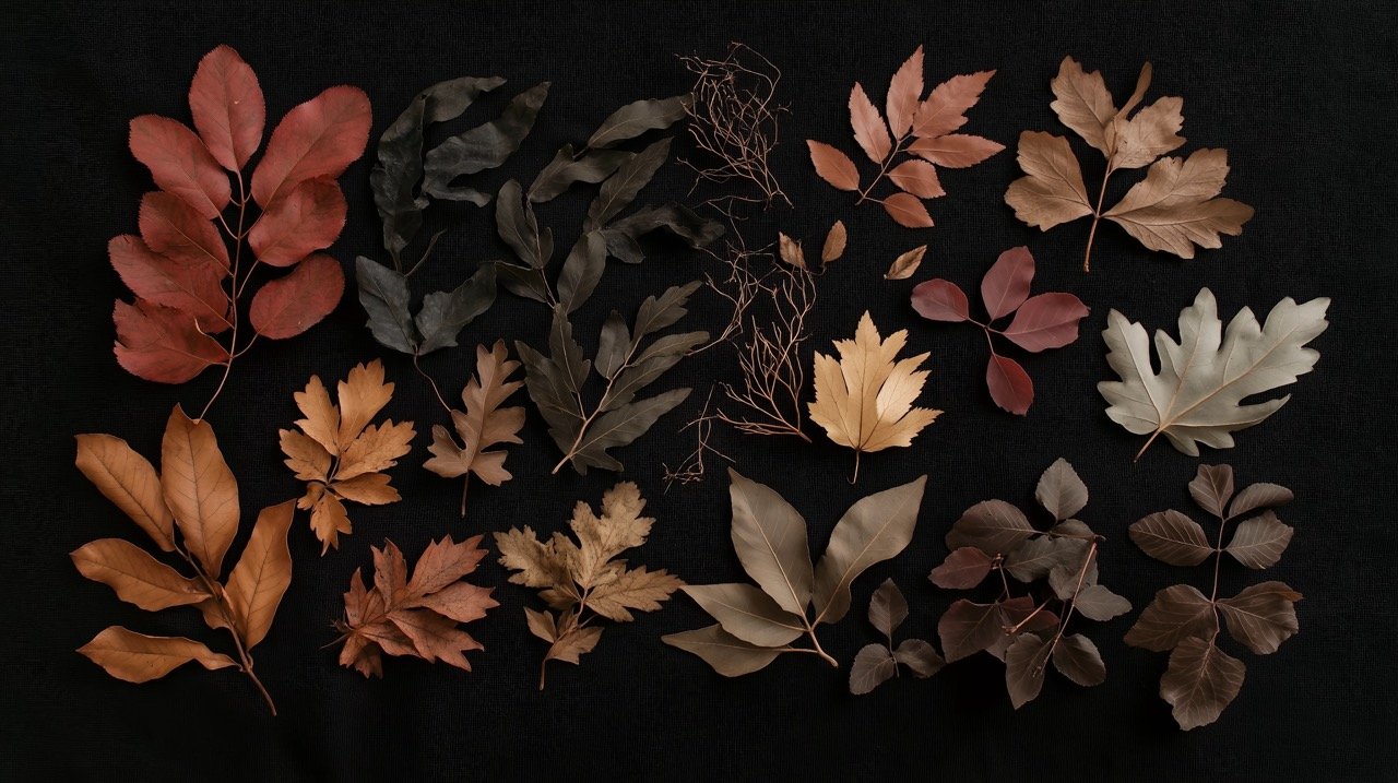 Black Textile Display with Assorted Winter Leaves and Vegetation Collected from a Michigan Nature Walk