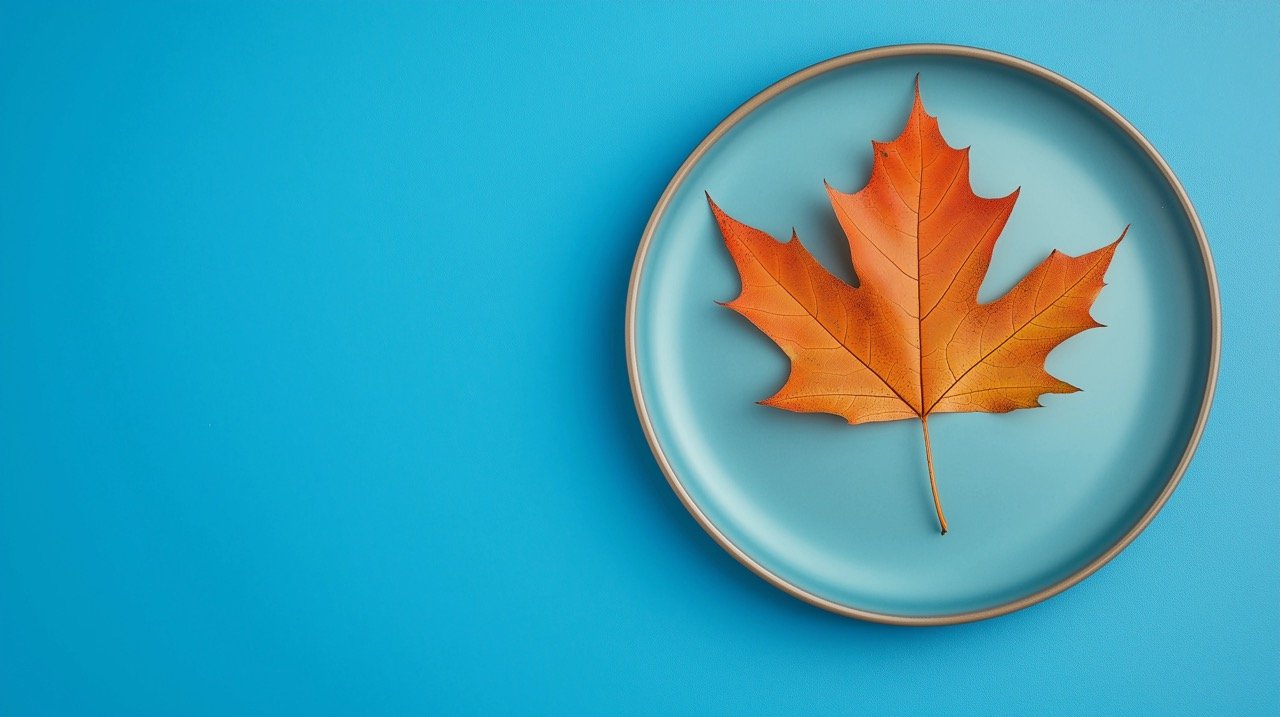 Blue Plate with Orange and Brown Leaf Free HD Photo for Thanksgiving and Fall Holiday Vibes