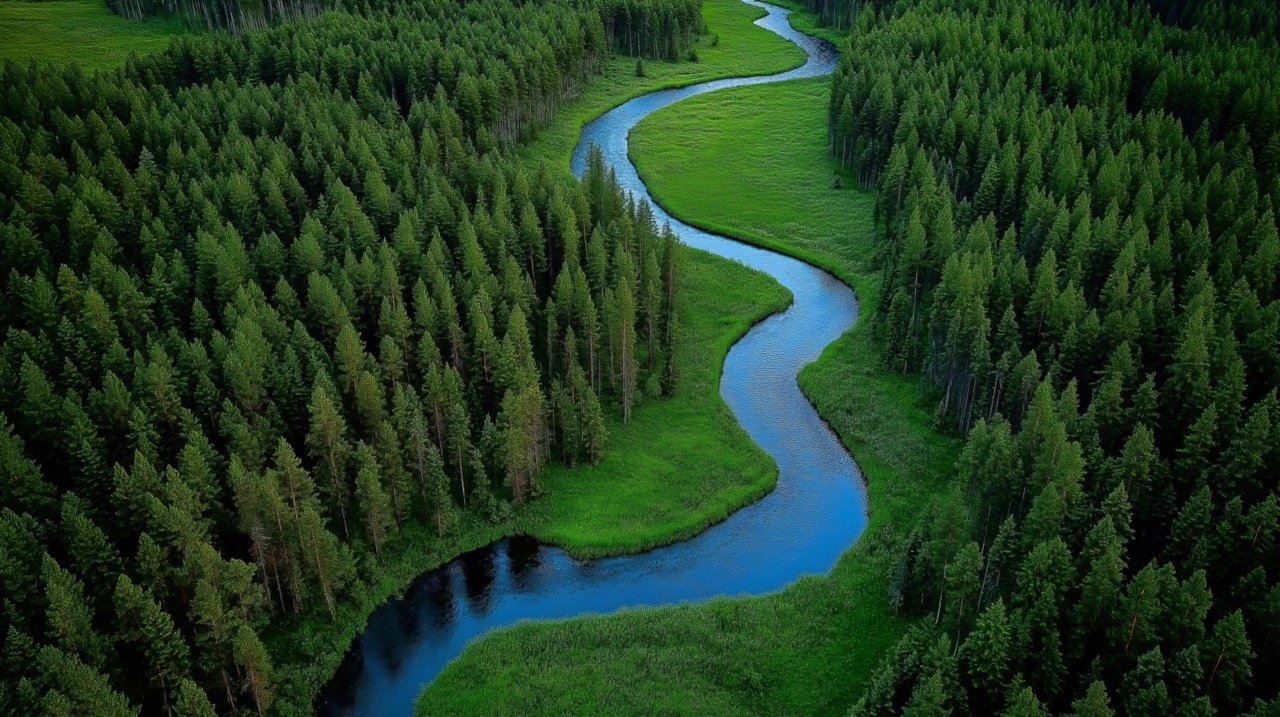 Breathtaking Aerial View of Green Forest, Tall Trees, and Winding Blue River in Nature