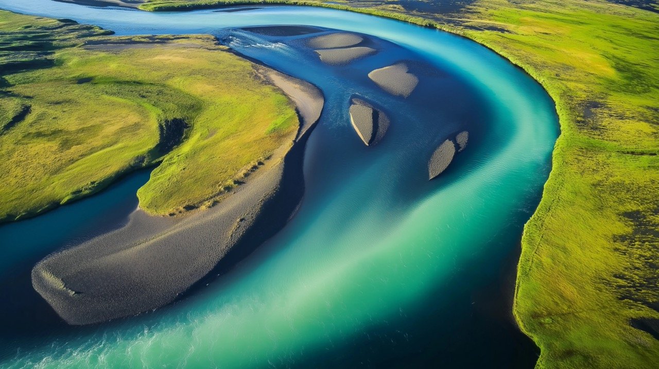 Breathtaking Aerial View of Iceland’s Emerald Glacial Rivers, Abstract Nature and Scenic Landscape