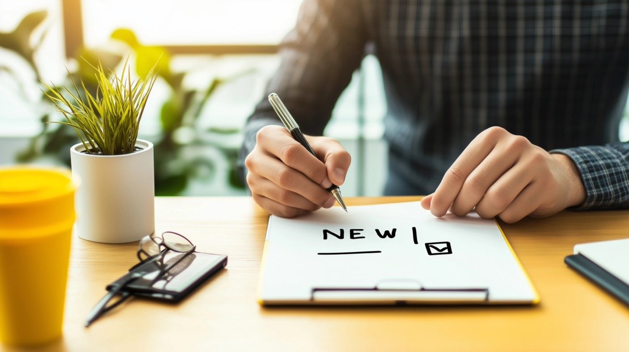 Business Goals and Resolutions Young Man Writing New Year Plans on Notepad at Vibrant Desk Stock Photo