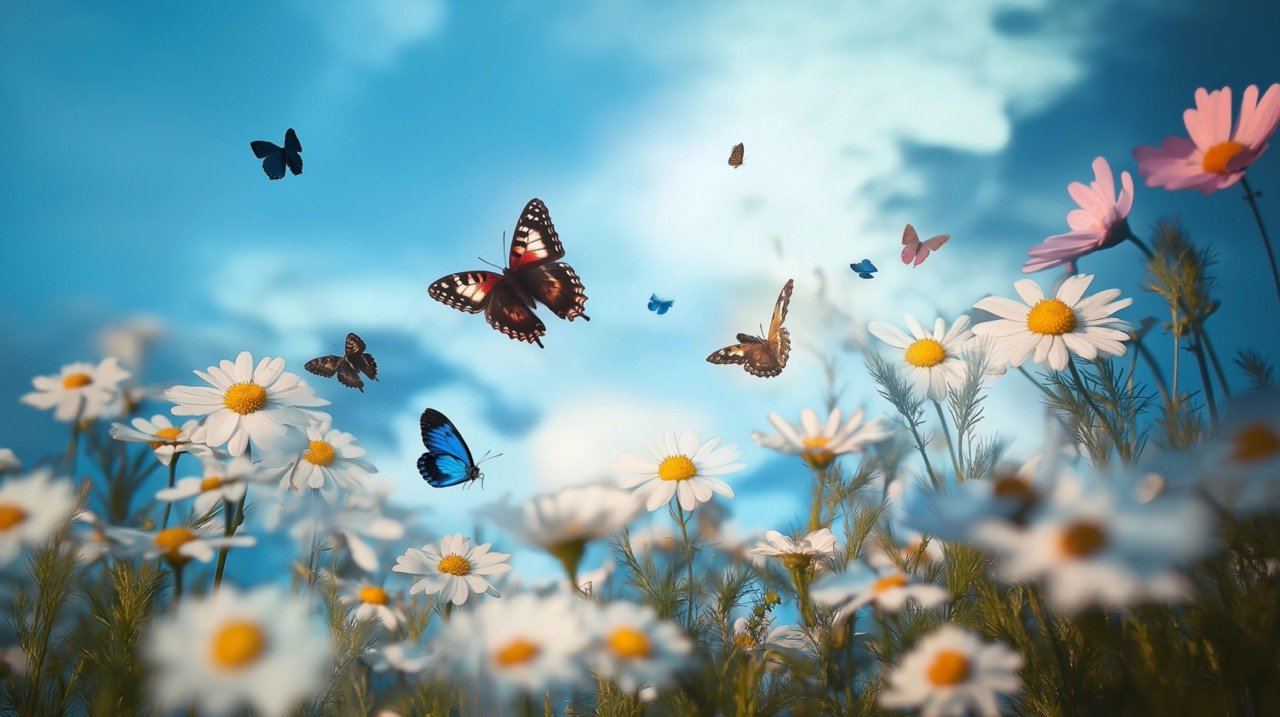 Charming Daisy Meadow with Butterflies, Spring Flowers, and Blue Skies in Stunning Nature Photography