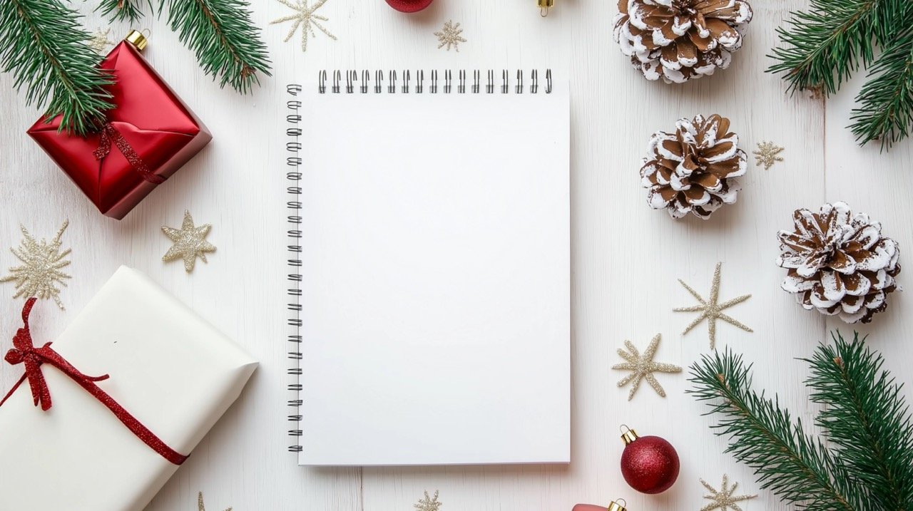 Christmas Background with Notepad, Festive Decor Details, and White Backdrop Stock Photo for Adults