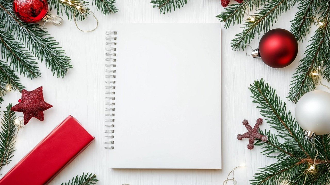 Christmas Decor and Notepad on White Background Ideal Holiday Stock Photo for Adults and Banners