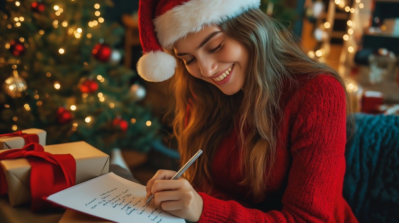 Christmas Stock Photos Cheerful Adult Woman Writing Santa Letter in Holiday Celebration Mood