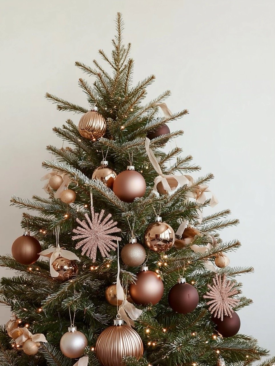 Christmas tree with pastel brown balls, ornaments, and rose gold garlands, set against a white background