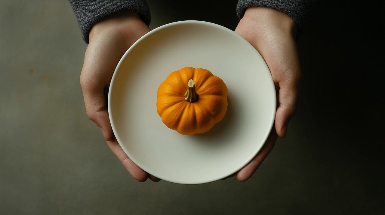 Comfort Food Flatlay Person Holding Plate with Small Pumpkin, Squashes, and Food Styling Details