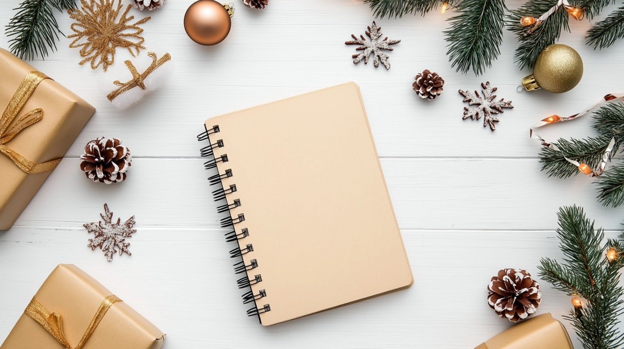 Creative Flat View of Notebook Amid Christmas Decor Stock Photo for Advent and Holiday Inspiration