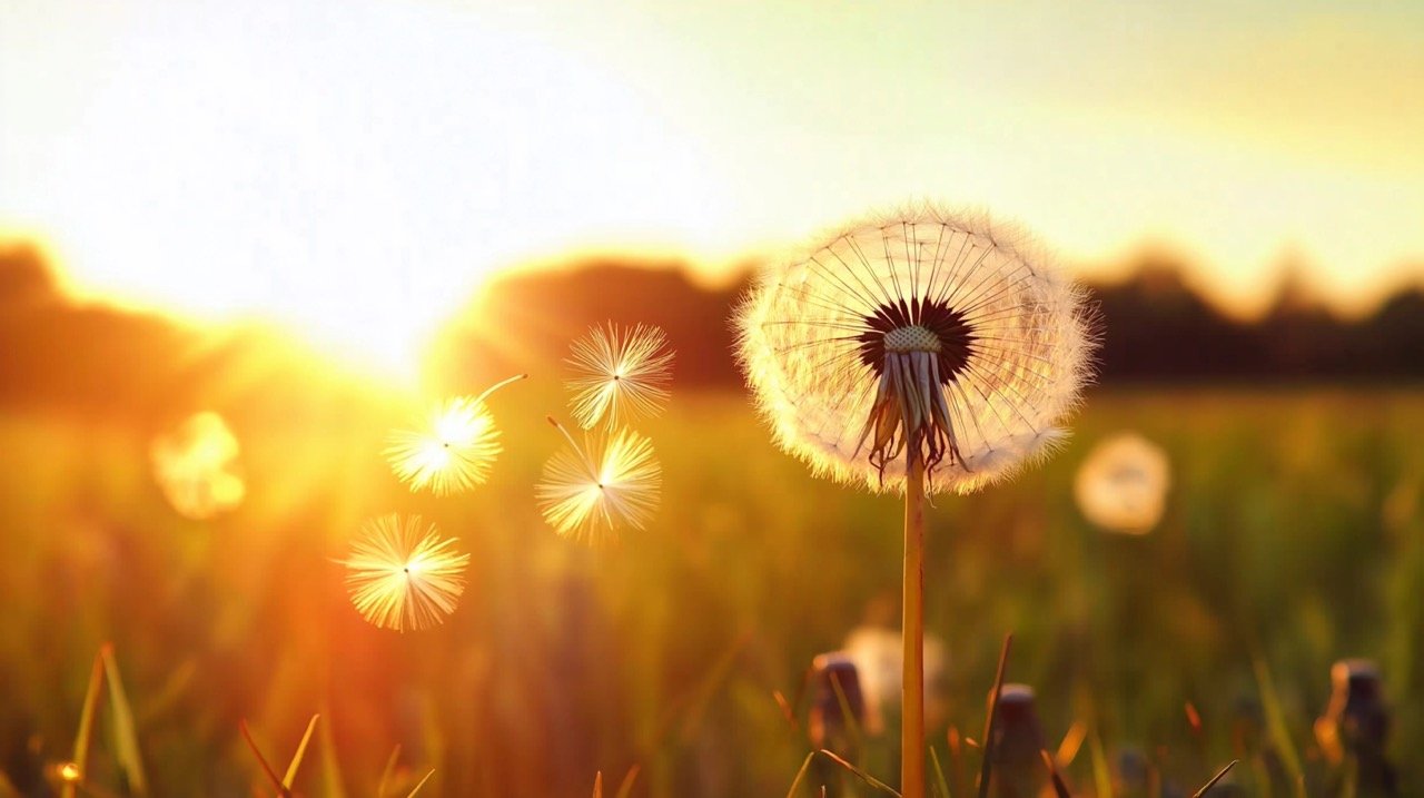 Dandelion Blowing in a Field at Sunset, Capturing the Beauty of Springtime and Summer Flowers