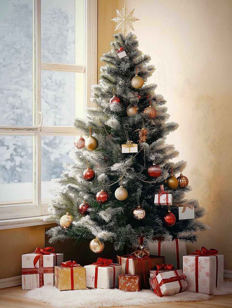 Decorated Christmas tree surrounded by wrapped presents, setting a warm holiday mood