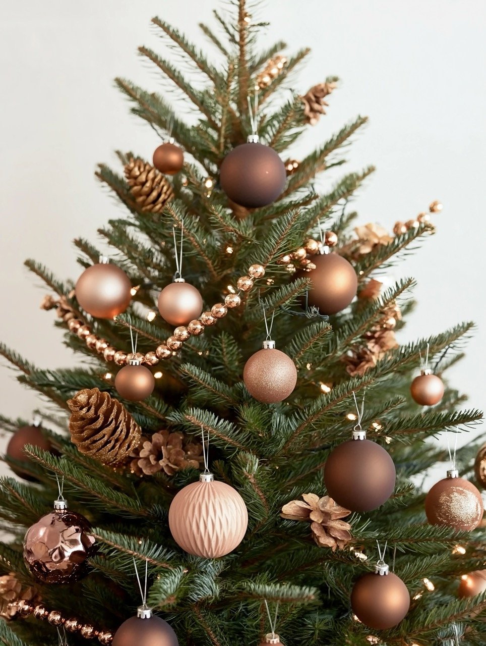 Festive vertical image of a Christmas tree decorated with pastel brown ornaments and garlands on a white backdrop