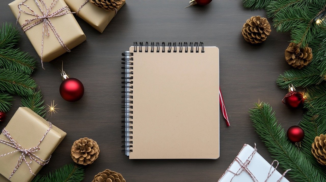 Flat Lay of Notebook Surrounded by Christmas Decorations Stock Photo for Advent and Festive Inspiration