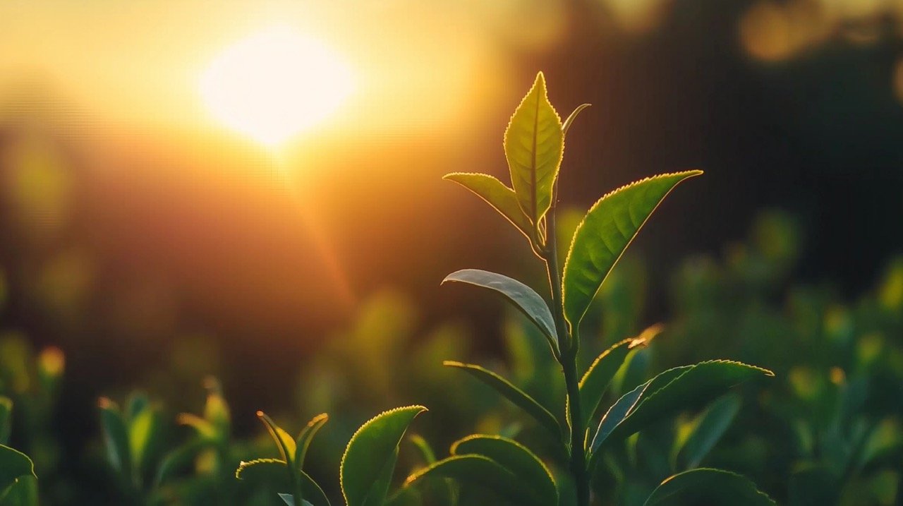 Fresh Green Tea Tree Leaves in Morning Sunlight, Organic Camellia Sinensis Farm with Herbal Plant Buds