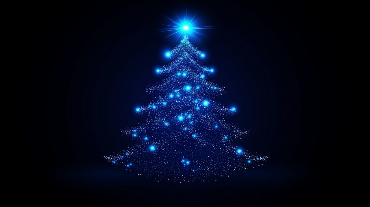 Glowing blue Christmas tree created with lights on a dark background, ideal for holiday vector designs