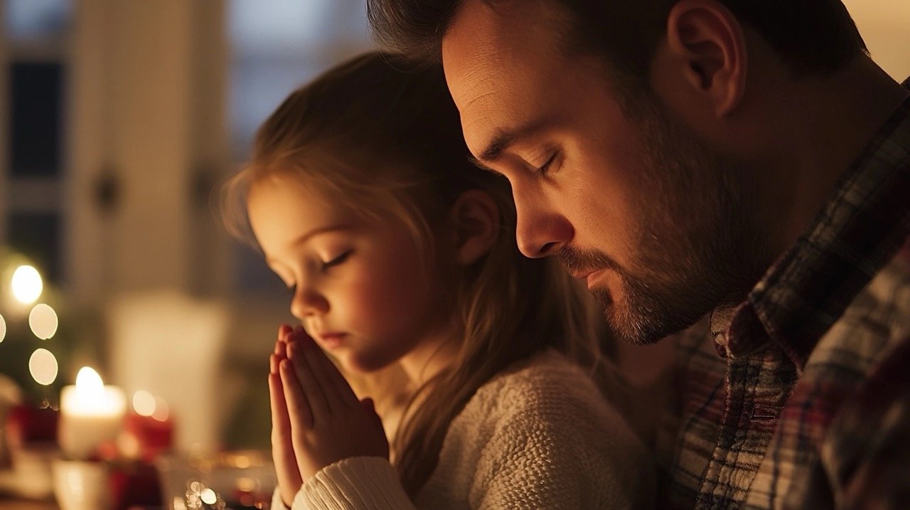 Grateful Father and Daughter Saying Grace Before Thanksgiving Meal at Dining Table During Family Celebration