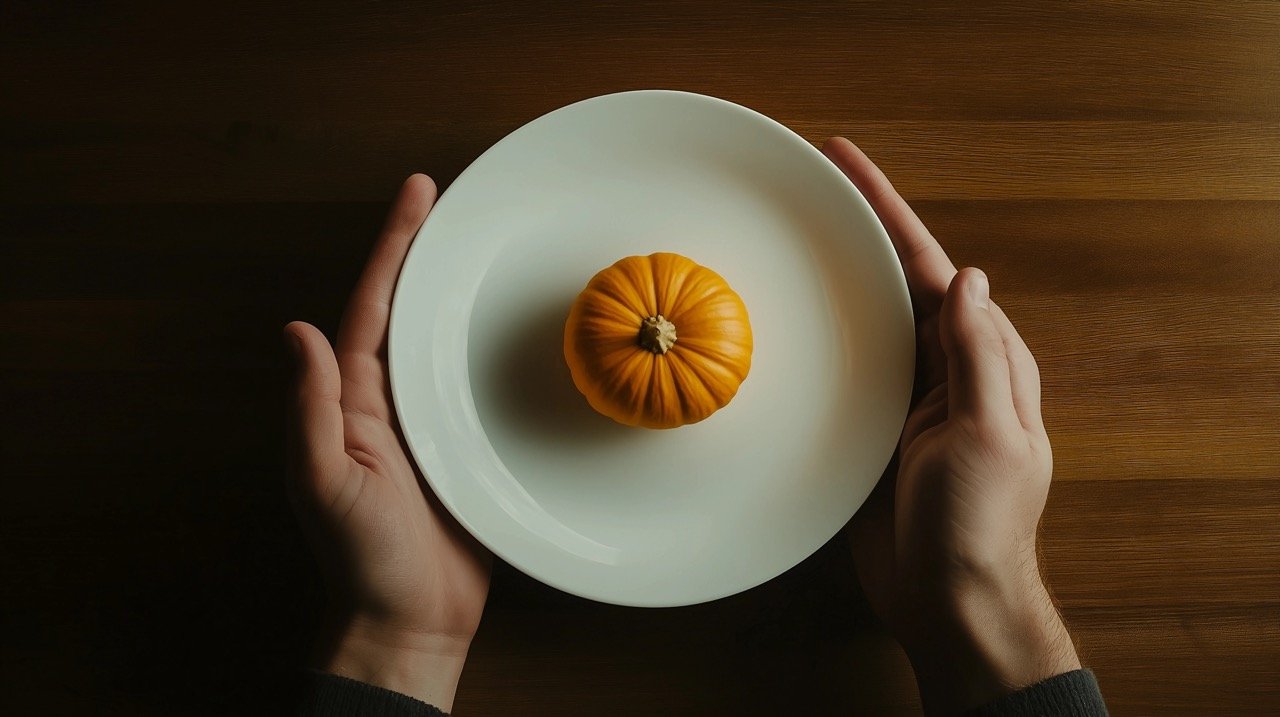 HD Photo of Person Holding Plate with Small Pumpkin, Comfort Food, Squashes, and Food Styling