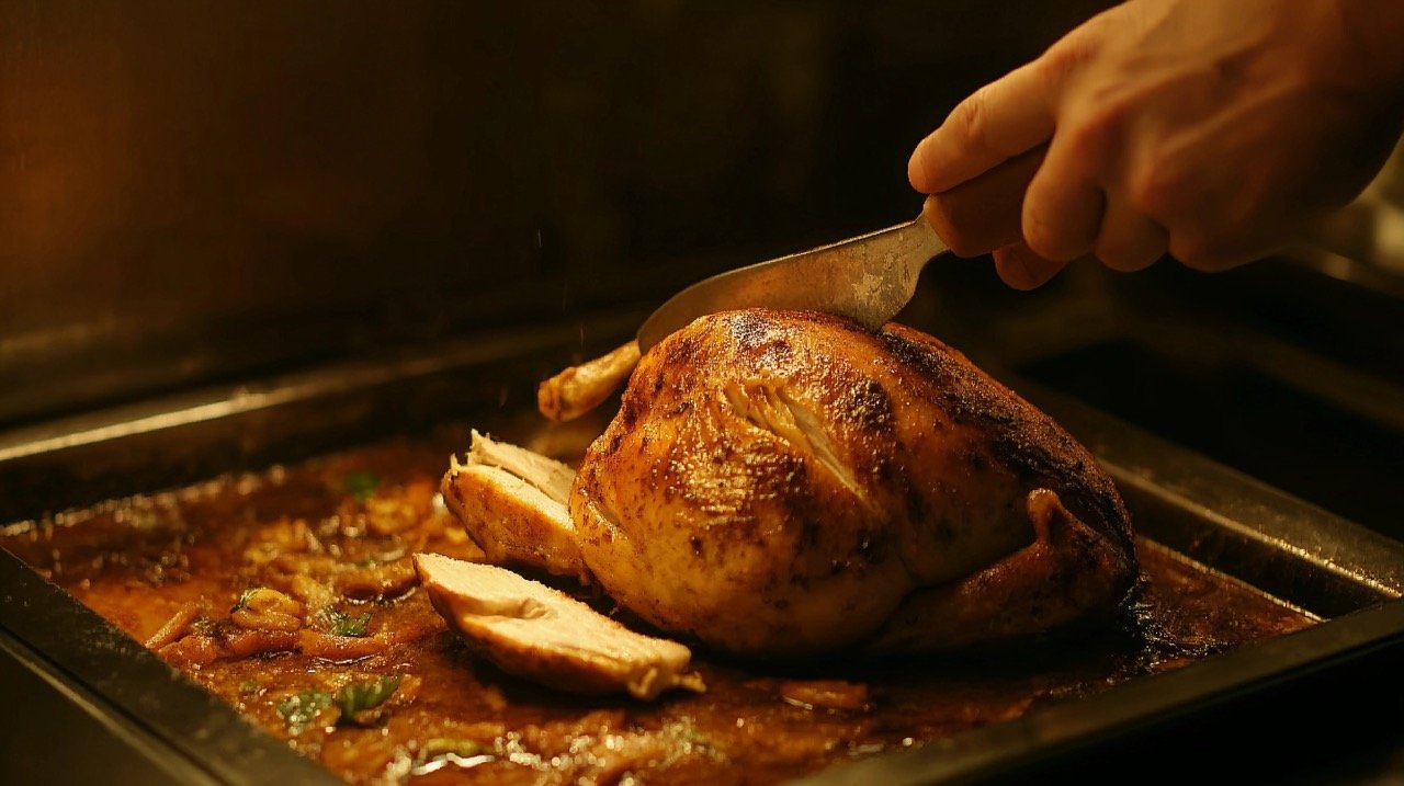 HD Photo of Person Slicing Roasted Chicken for Thanksgiving Feast, Turkey, and Friendsgiving Gathering