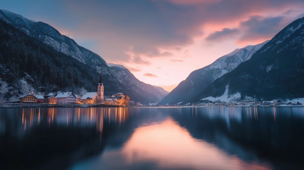 Hallstatt’s Snowy Beauty at Sunset, Winter Austria Landscape and Scenic Travel Destination Photography