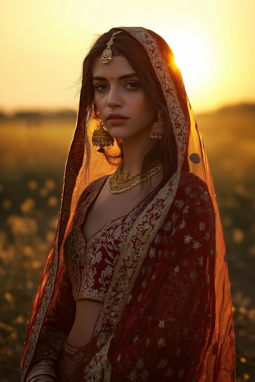 Heer amidst a golden mustard field, bathed in the warm glow of the sunset horizon.