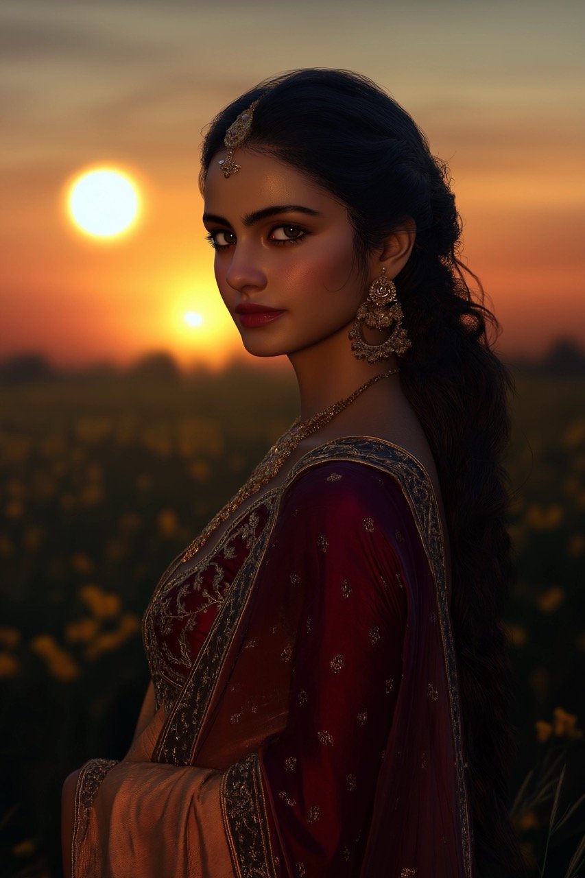 Heer amidst a lush field of red roses at dusk, with the soft glow of evening light.