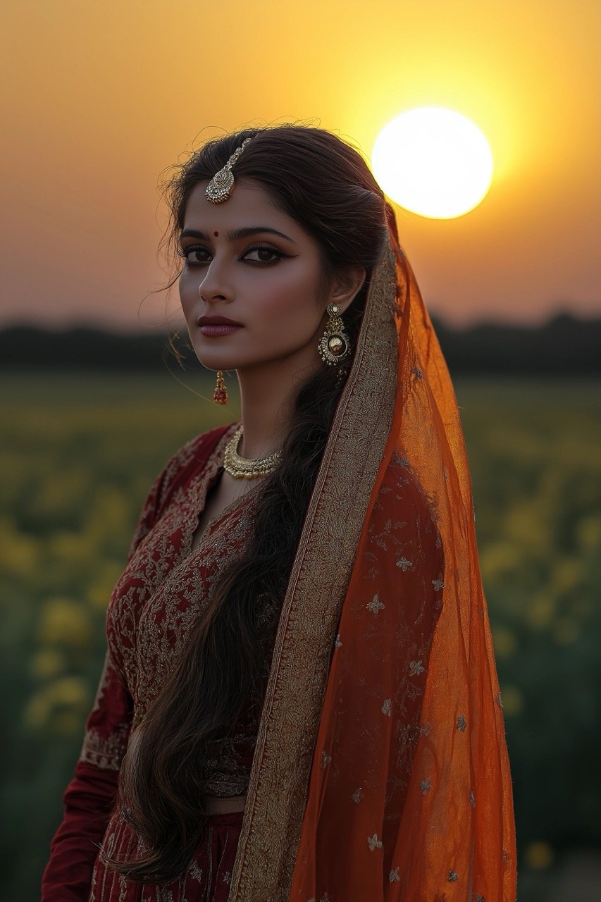 Heer in a vast golden mustard field at sunset, surrounded by warm light and nature’s serenity.