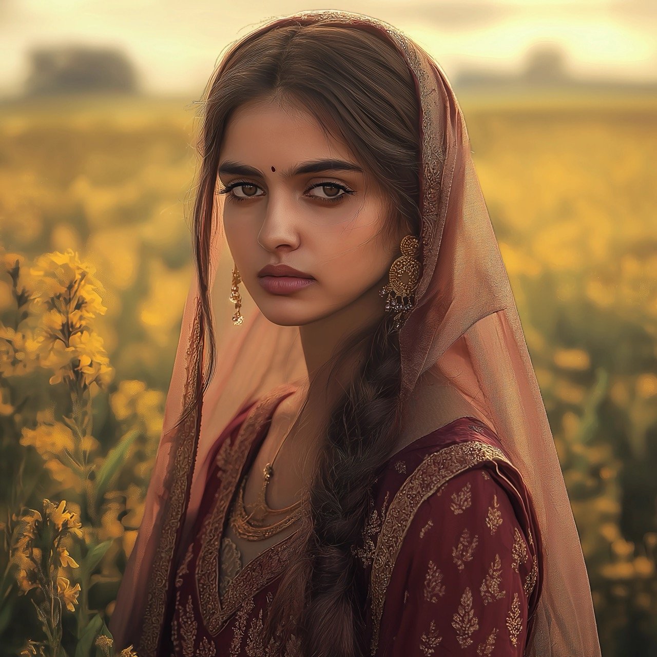 Heer standing in a golden field of mustard flowers at dusk, embracing the tranquil evening scene.