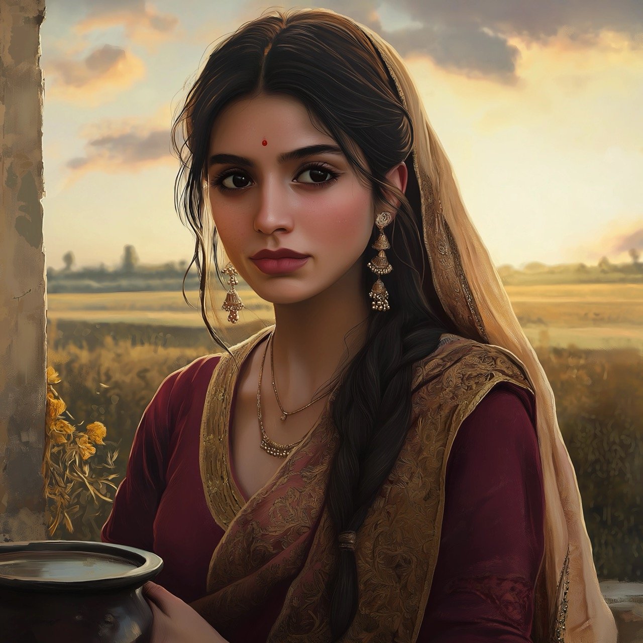 Heer, the legendary Punjabi heroine, depicted against a rural backdrop showcasing village life and natural beauty